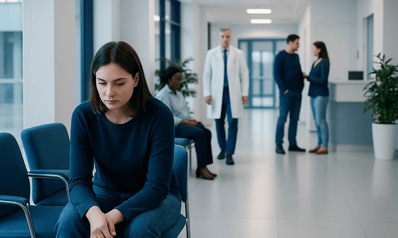 Young woman waiting alone in a hospital corridor with others in the background.