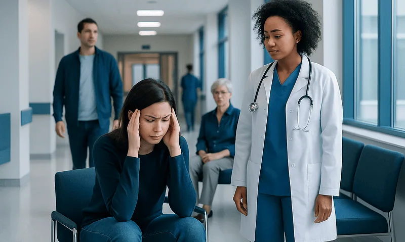 Young woman experiencing headache in hospital waiting area with medical staff nearby.