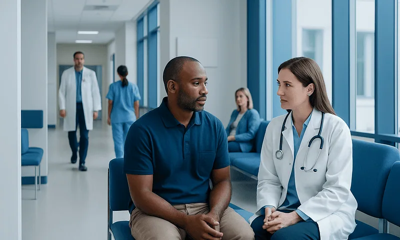 Doctor consulting with patient in hospital corridor for Seropositive condition.