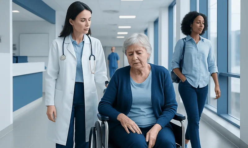 Elderly woman in wheelchair with healthcare professionals in hospital corridor.