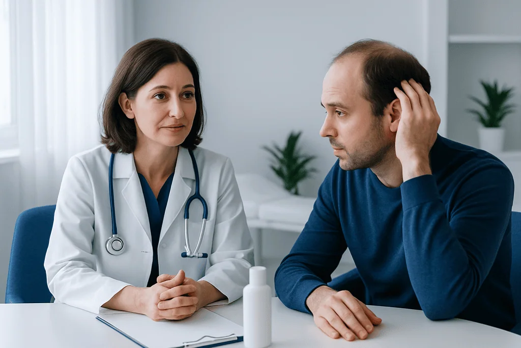 Doctor consulting with male patient about hair loss treatment.