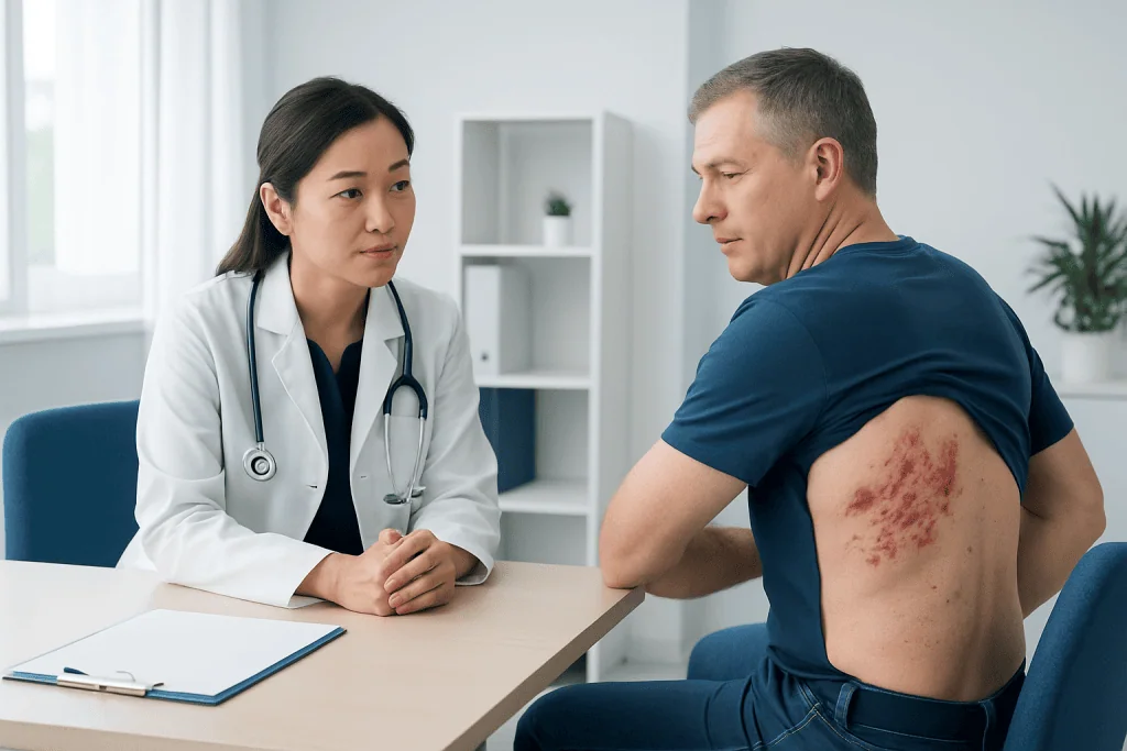 Doctor consulting with patient with shingles on back in clinic setting.