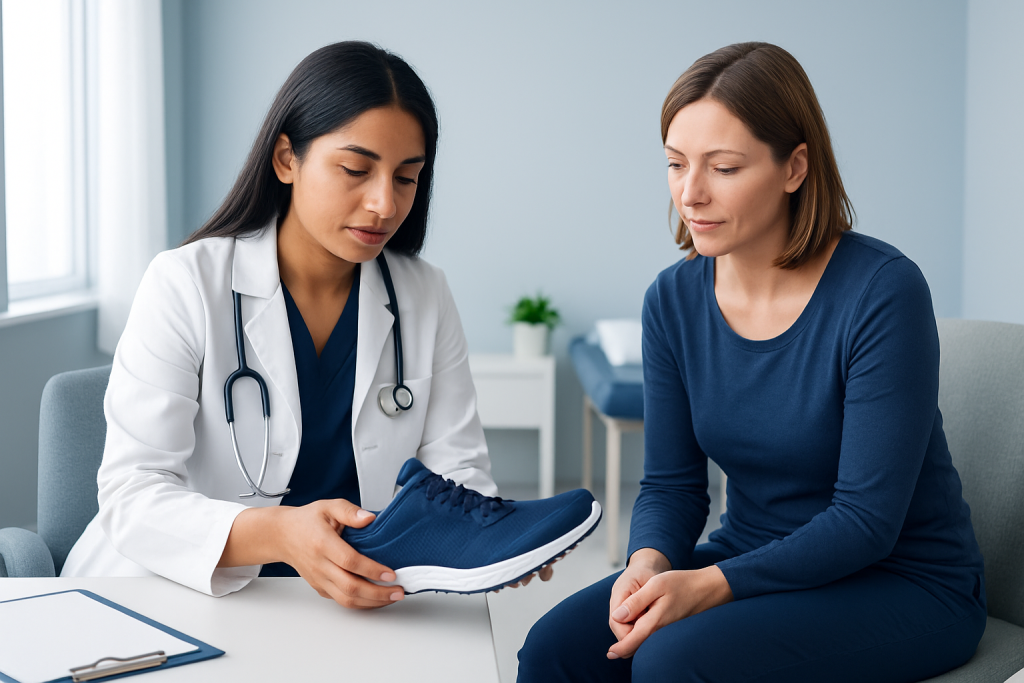 Doctor explaining shoe fitting to patient in a medical consultation.