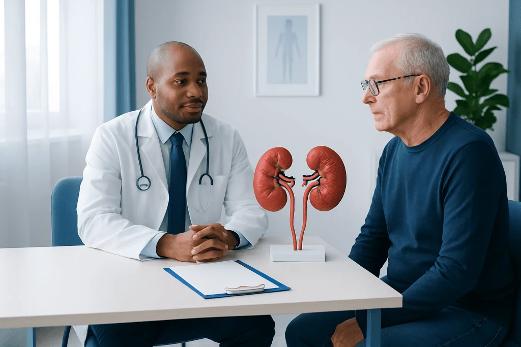 Urologist consulting with patient about kidney health and MRI results.