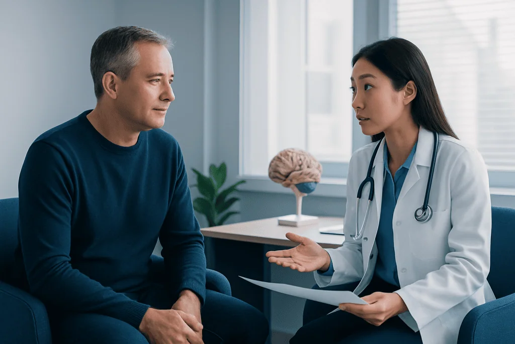 Doctor consulting with a male patient in a medical office setting.