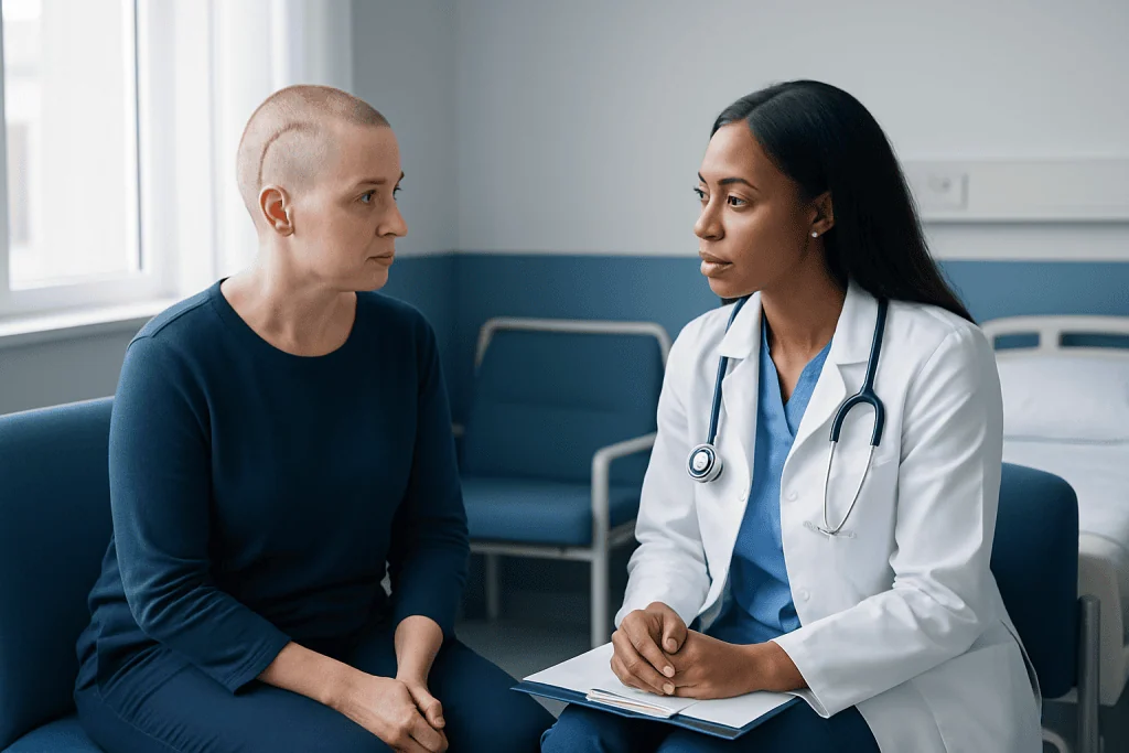 Doctor consulting with a patient in a hospital room.