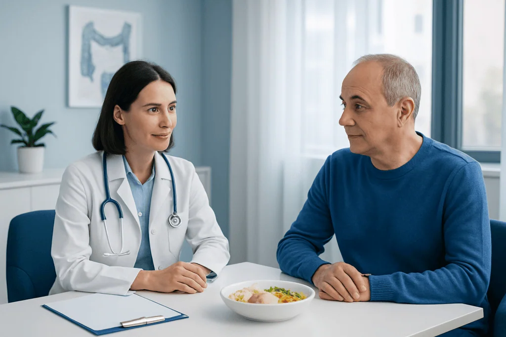 Doctor consulting with patient about post-colonoscopy diet and recovery.