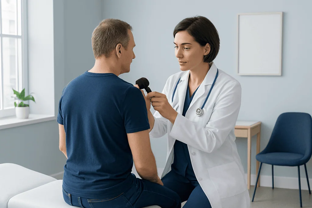 Dermatologist conducts skin cancer screening interview with patient in clinic.