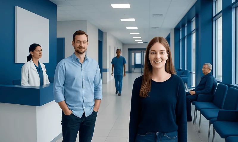 Smiling young woman and man in hospital corridor with staff and patients.