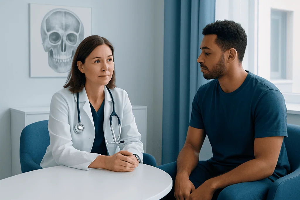Doctor consulting with patient in a medical office with skull X-ray on the wall.