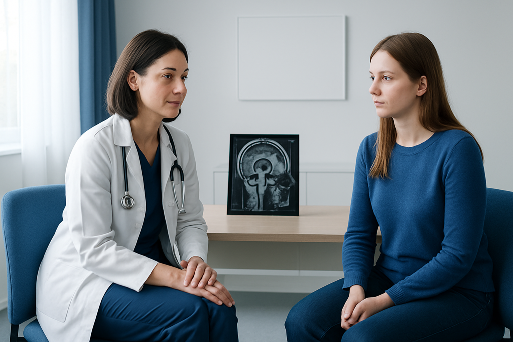 Doctor consulting patient with MRI scan in the background.