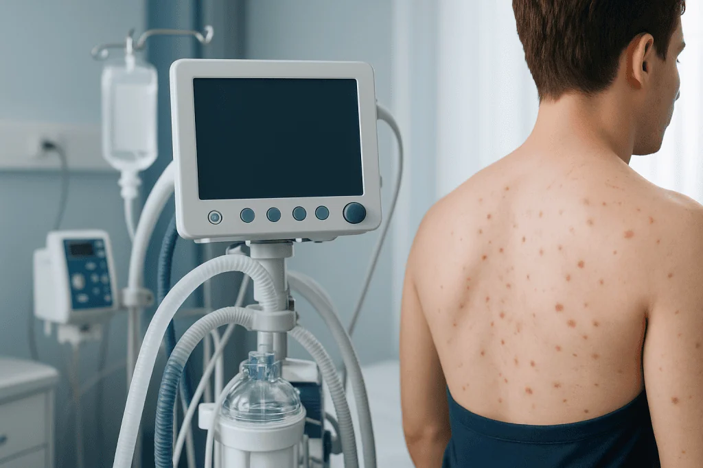 Patient with shoulder acne in a medical examination room.