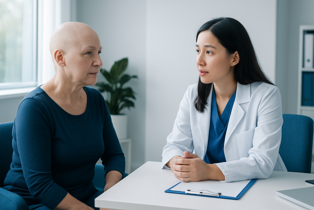 Oncologist consulting with a patient about chemotherapy side effects.
