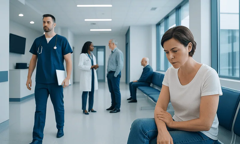 Patient with skin inflammation waiting in hospital corridor.