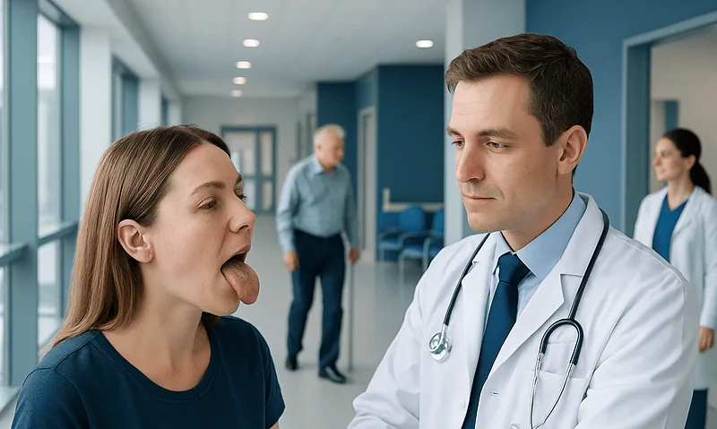 Doctor examining patient's tongue in a hospital corridor.