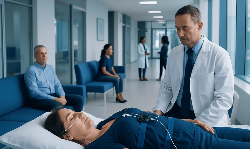Doctor examining a patient during sleep apnea testing at Acibadem Hospital.