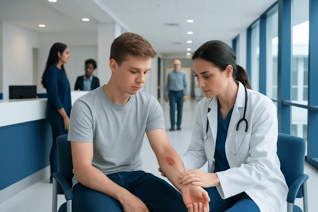 Snake Bite Pictures: An Evidence-Based Guide for Patients 1 Doctor examines a young man's arm after a snake bite in a hospital setting.