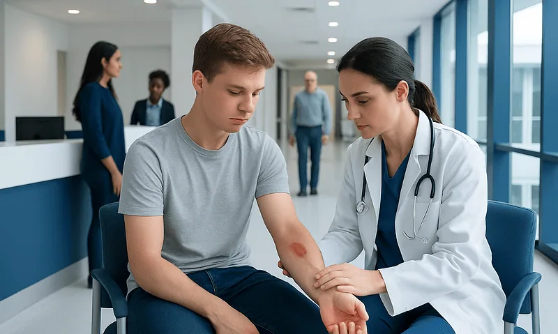 Snake Bite Pictures: An Evidence-Based Guide for Patients 8 Doctor examines a young man's arm after a snake bite in a hospital setting.