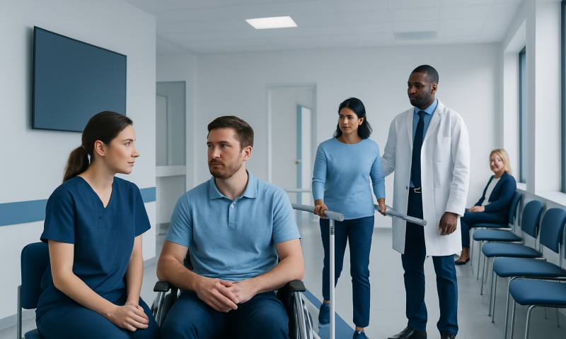 Patient in wheelchair with medical team in hospital corridor.