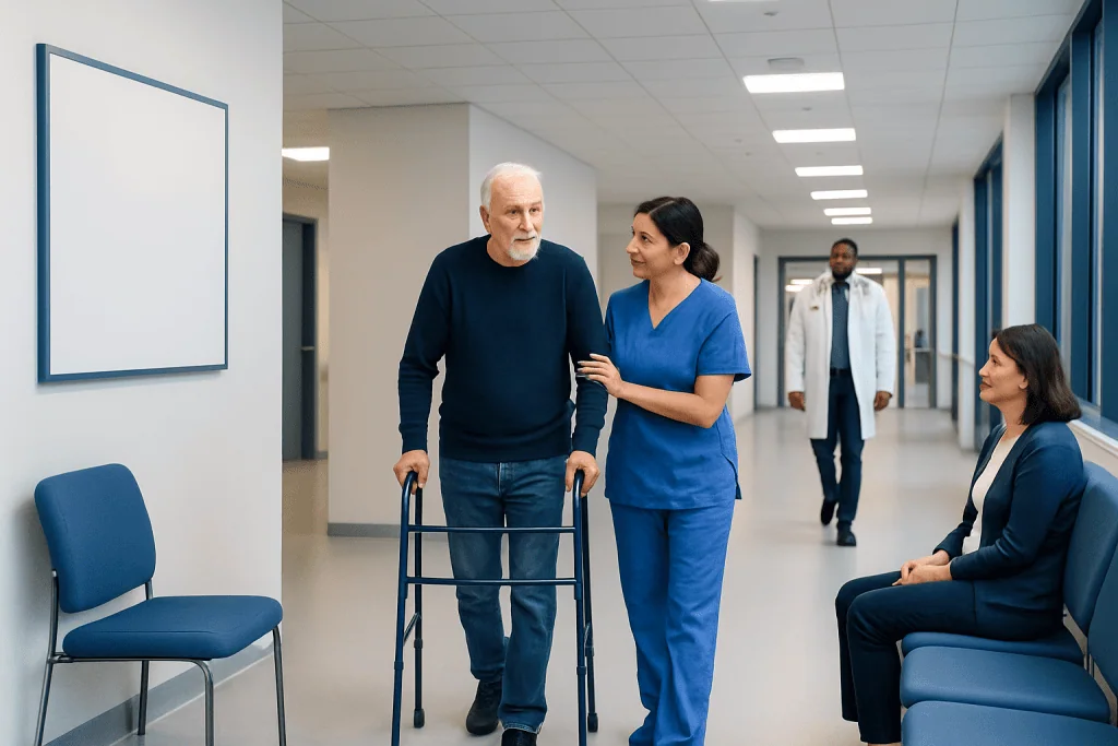 Spinal Stenosis Surgery Recovery Stories: Procedure, Recovery and Results 1 Senior man with walker talking to nurse in hospital corridor.