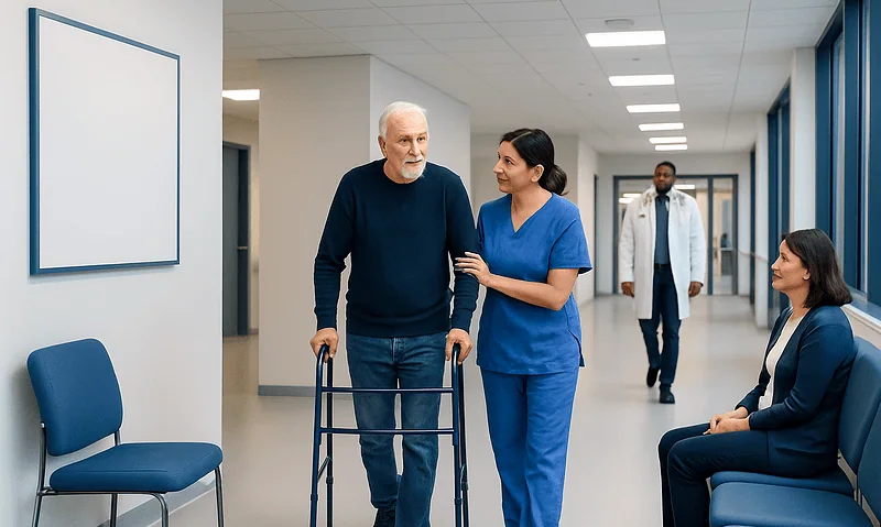 Senior man with walker talking to nurse in hospital corridor.