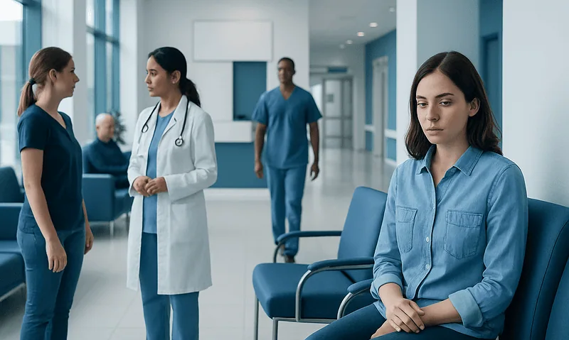 Young woman waiting in hospital corridor with medical staff nearby.