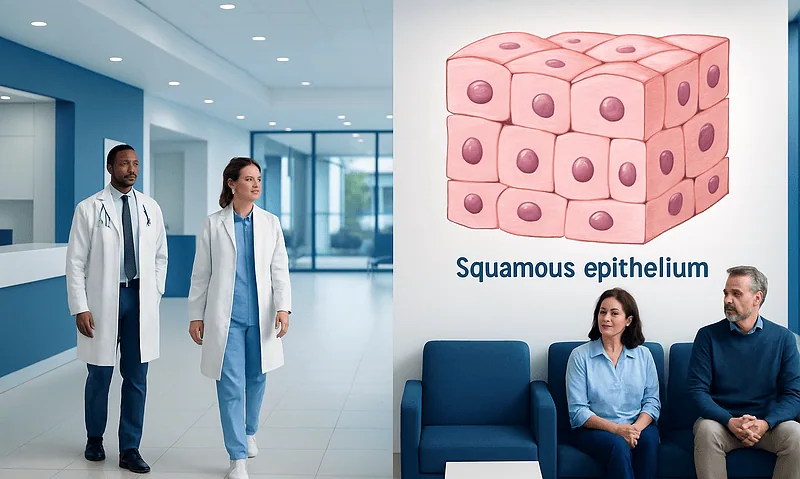 Medical professionals walking in hospital corridor near a squamous epithelium diagram.