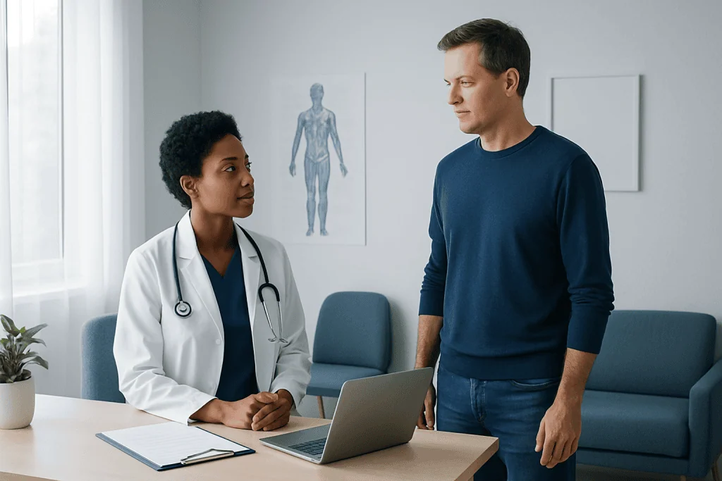 Doctor and patient discussing health in a medical consultation room.