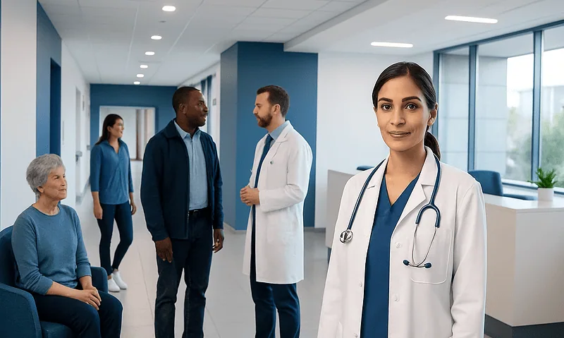 Healthcare professionals and patients in a modern hospital corridor.