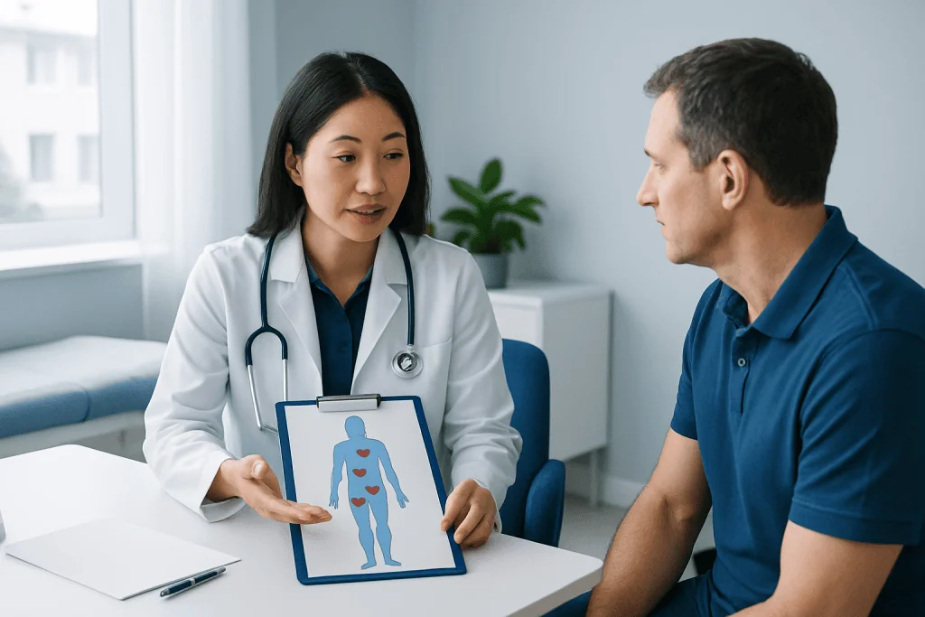 Doctor explains stem cell therapy to patient in a consultation room.