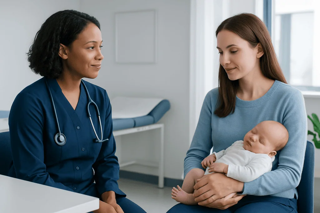 Doctor consulting with mother and newborn in hospital setting.