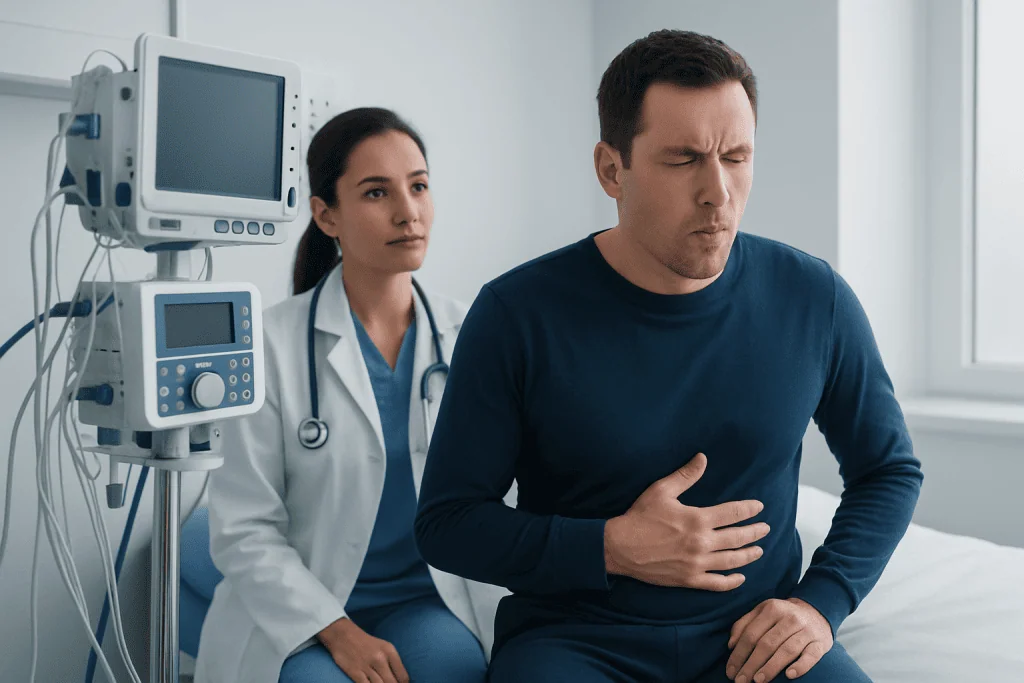 Patient experiencing stomach pain in a hospital setting with a doctor nearby.