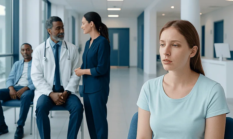 Young woman with sunburned lips waiting in a hospital corridor.