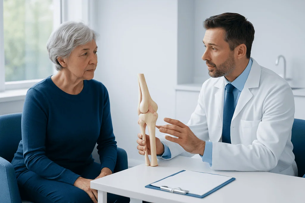 Orthopedic doctor explaining knee joint to elderly woman in consultation room.