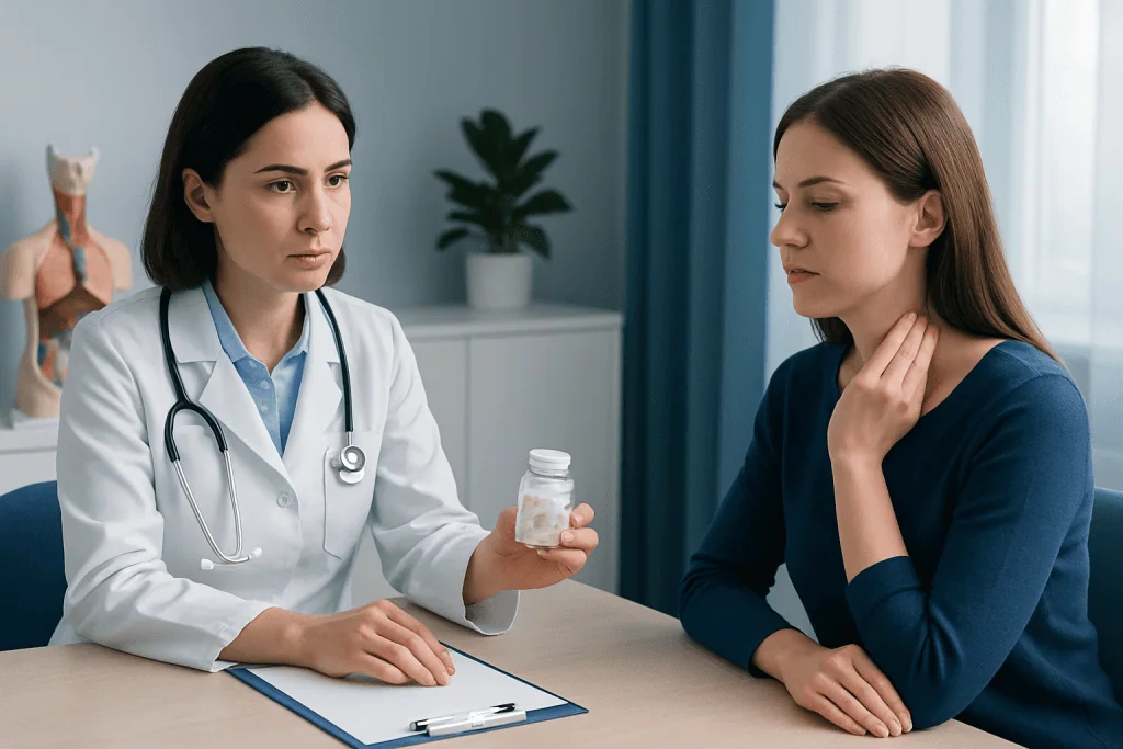 Doctor explaining thyroid supplement to patient in consultation room.