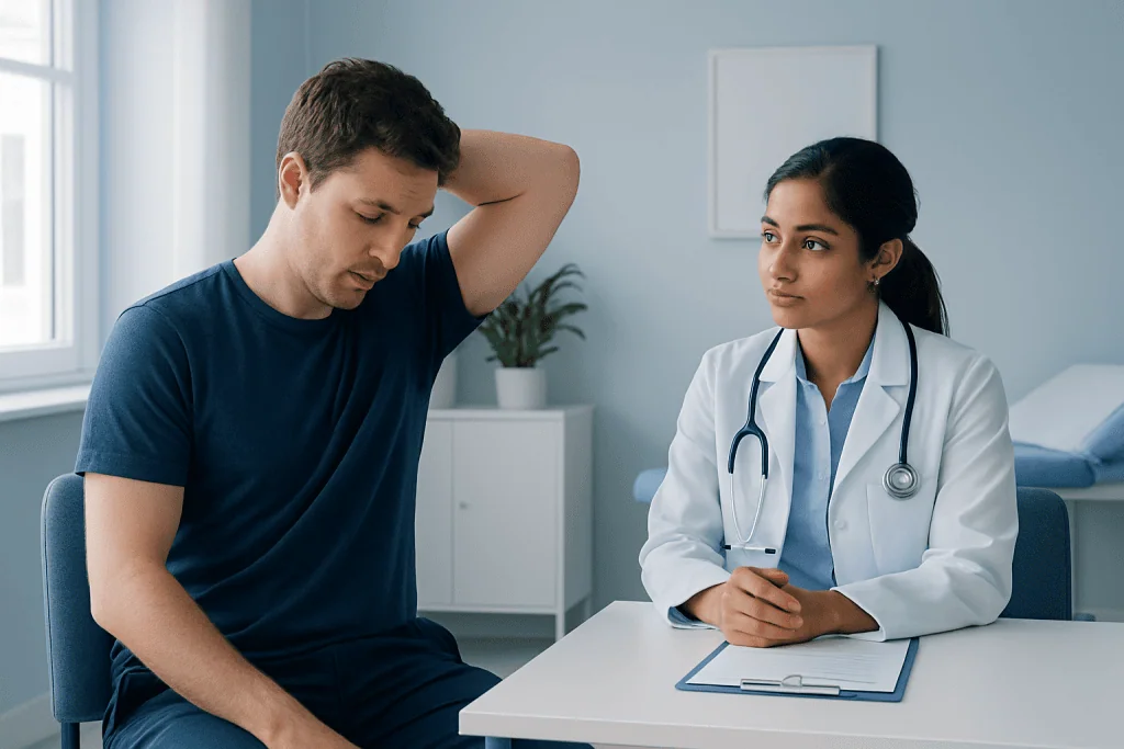 Doctor consulting with patient about antiperspirant and deodorant differences.