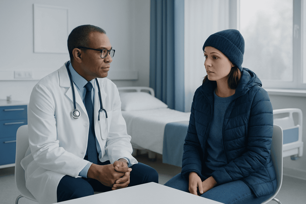 Doctor consulting with a young woman in a hospital room.