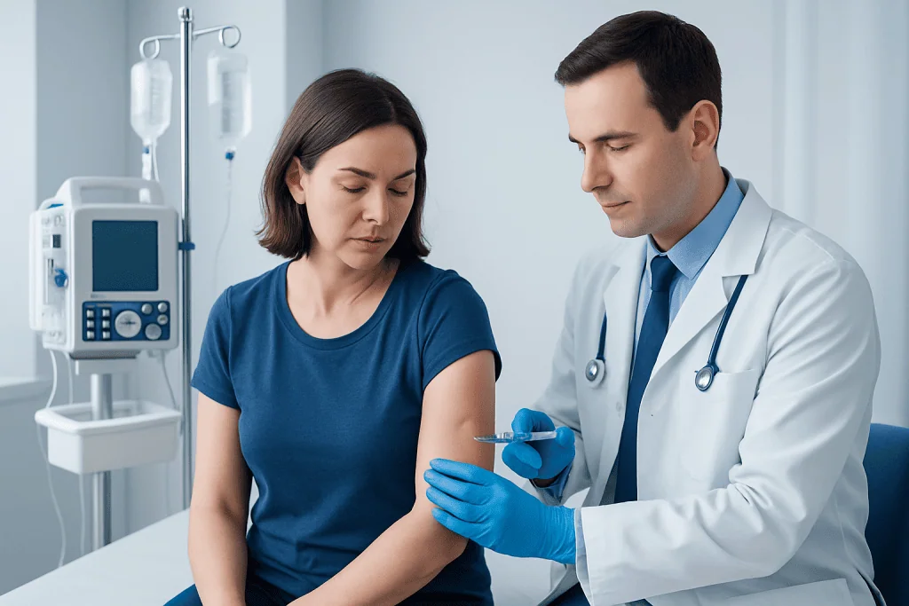 Doctor administering vaccine to a patient in a clinical setting.