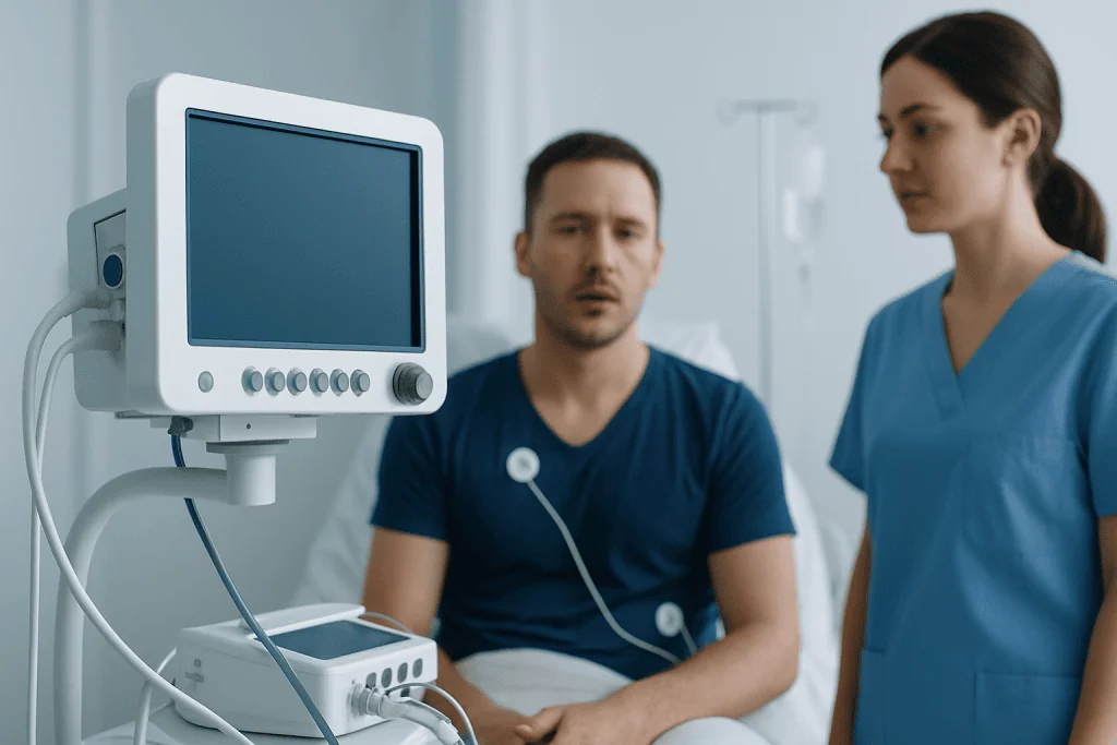 Doctor and nurse in a hospital room with medical monitor and patient.