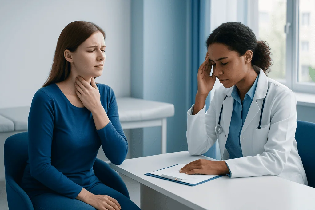Patient experiencing sore throat and headache during medical consultation.