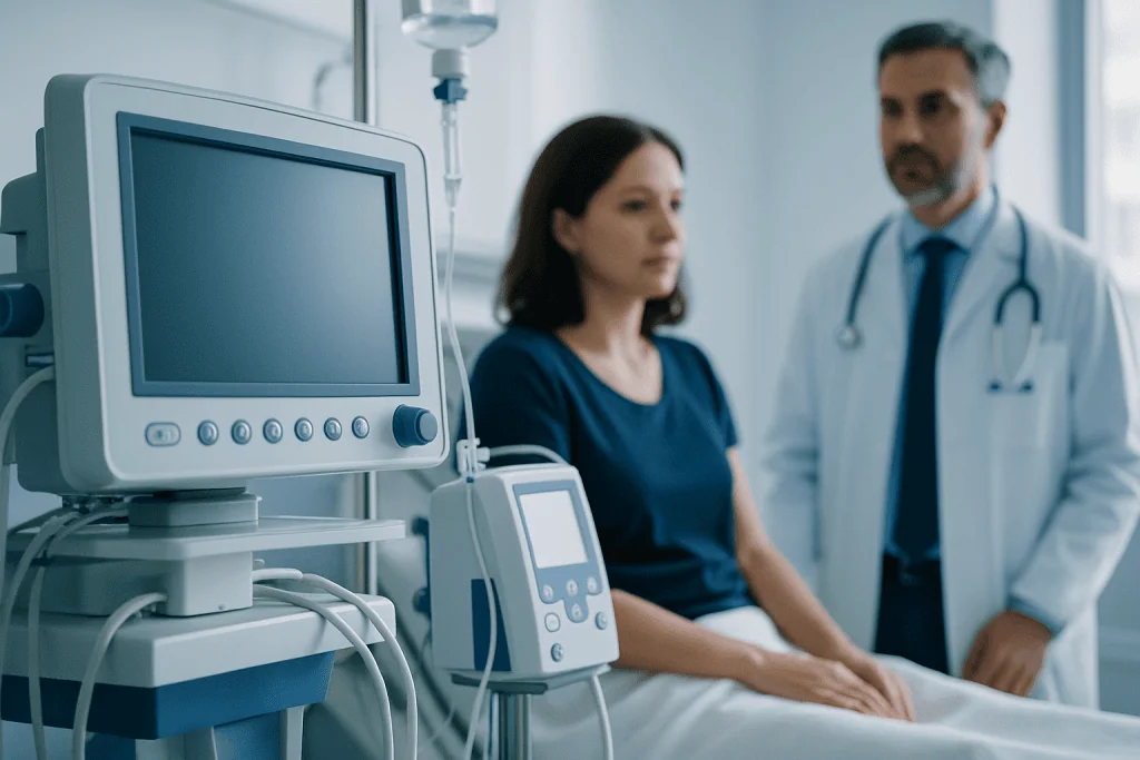Hospital patient in consultation with doctor and medical equipment.