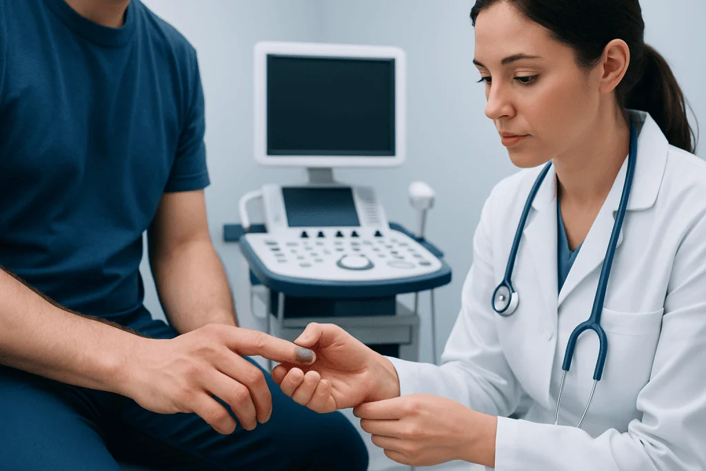 Doctor examining a patient's finger in a medical clinic setting.