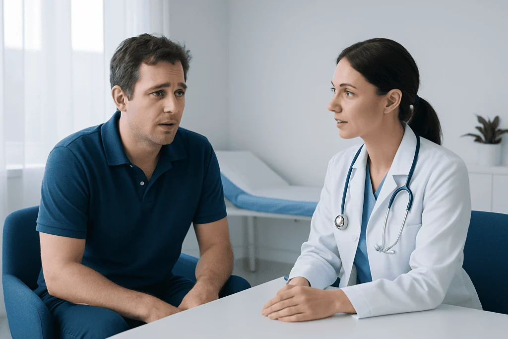Doctor consulting with a male patient in a medical office.