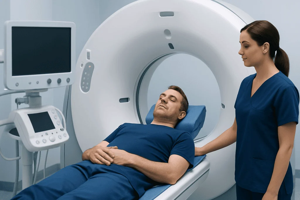 Patient undergoing a CT scan in a medical facility with healthcare professional present.