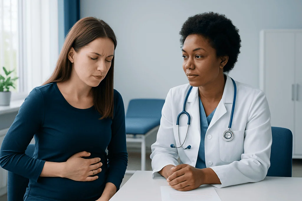 Doctor consulting with a patient experiencing stomach pain in a clinical setting.