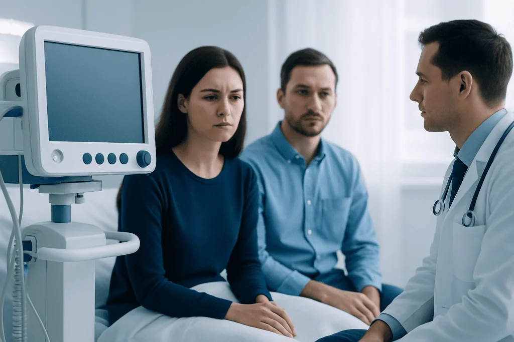 Doctor consulting with patients about mental health in a clinical setting.