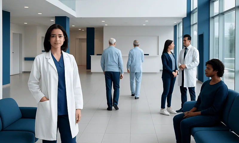 Medical professionals and patients in a modern hospital lobby.