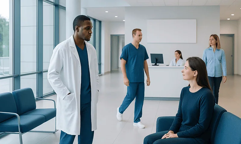 Medical professionals and patient in hospital corridor.