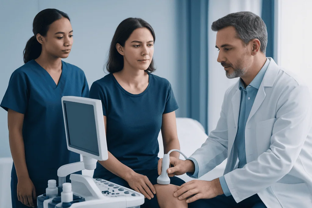 Doctor examining patient's knee with ultrasound in hospital setting.