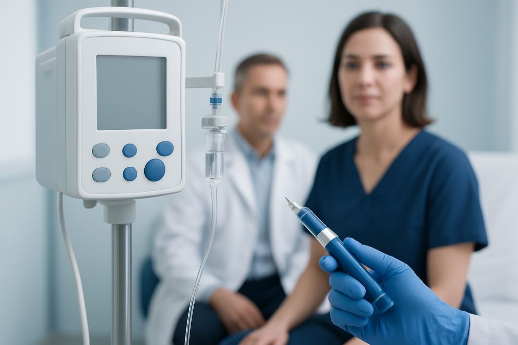 Medical professional preparing an IV drip in a hospital setting.